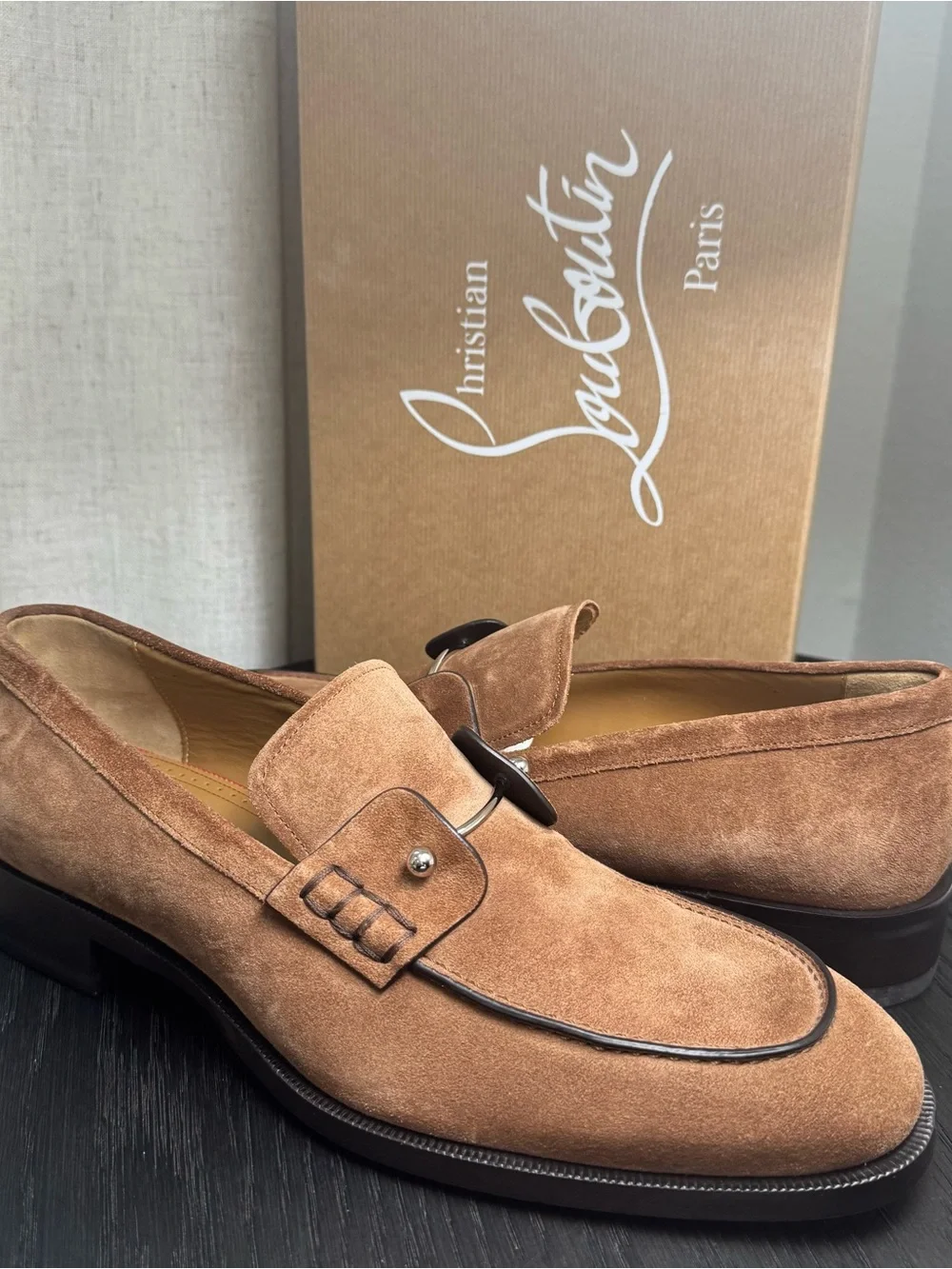 Christian Louboutin Chambelimoc Loafer Dress Shoes Suede Brown 43
